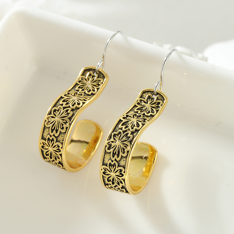 Boho Retro Ethnic Handmade Carving Print Hook Earrings